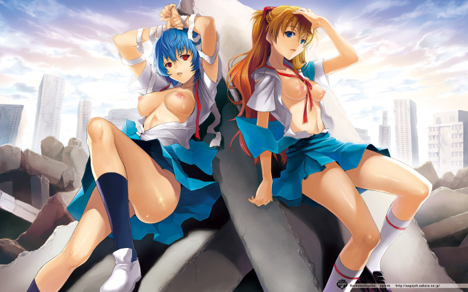 Rei Ayanami And Asuka Naked On A Rock | NGE Hentai Image