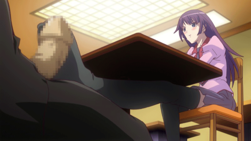 Animated, Footjob, Monogatari, purple hair, school uniform, Senjougahara Hi...