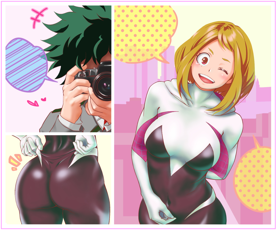 Izuku, Spider Gwen, Ochako - Roro - My Hero Academia. 